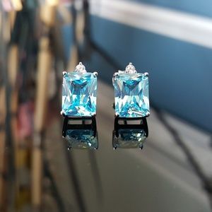 Aquamarine Cubic Zirconia Radiant Rectangle Cut Earrings